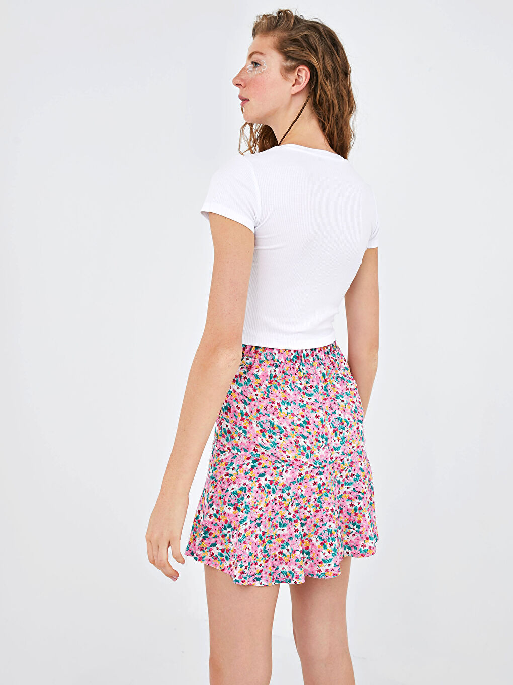 Waist Elastic Floral Printed Viscose Women Short Skirt-5