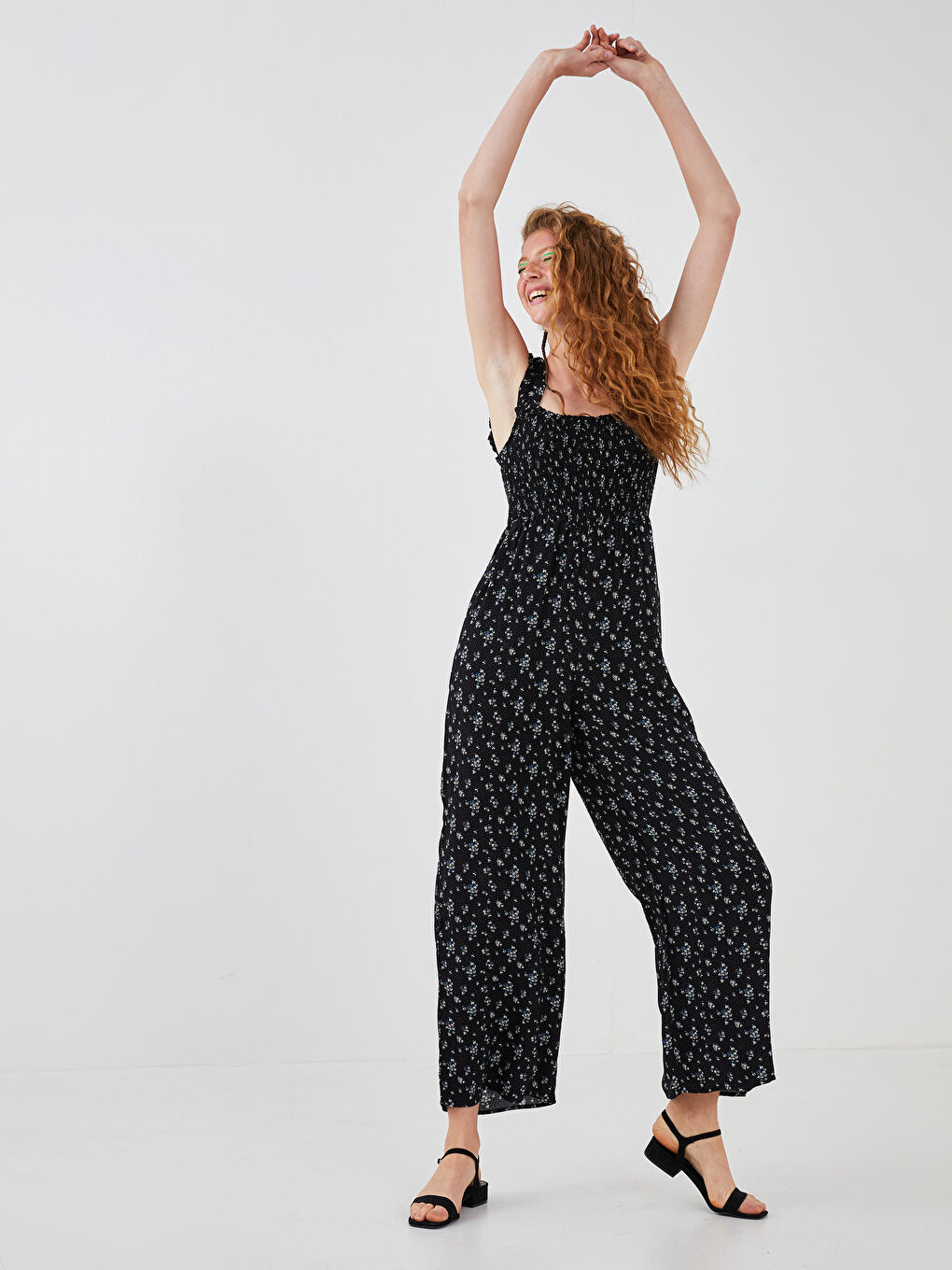 Square Neck Strapped Ruffle Detailed Viscose Women Jumpsuit