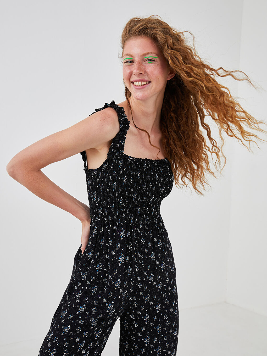 Square Neck Strapped Ruffle Detailed Viscose Women Jumpsuit-2