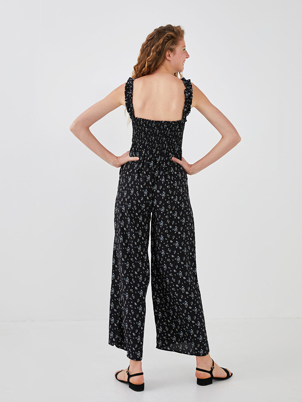 Square Neck Strapped Ruffle Detailed Viscose Women Jumpsuit-6