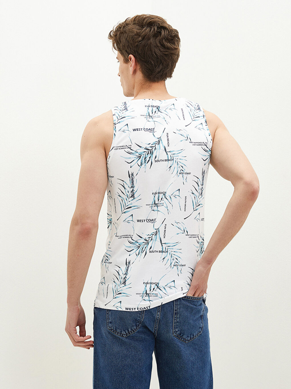 Beyaz Bisiklet Yaka Baskılı Pamuklu Erkek Kolsuz Tişört-2