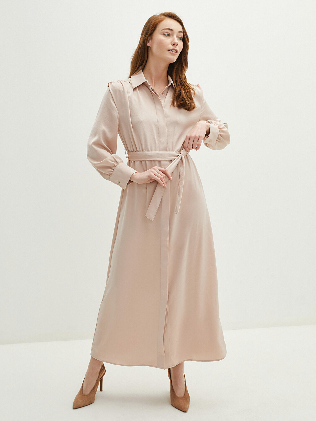 Robe Chemise en Tissu de Soie Médina Unie à Ceinture Taille et Manches Longues pour Femmes-7