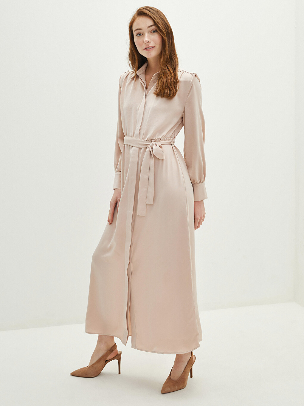 Robe Chemise en Tissu de Soie Médina Unie à Ceinture Taille et Manches Longues pour Femmes-8