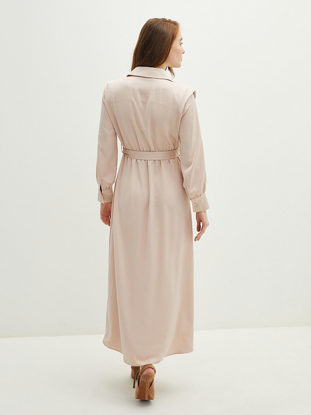 Robe Chemise en Tissu de Soie Médina Unie à Ceinture Taille et Manches Longues pour Femmes-10