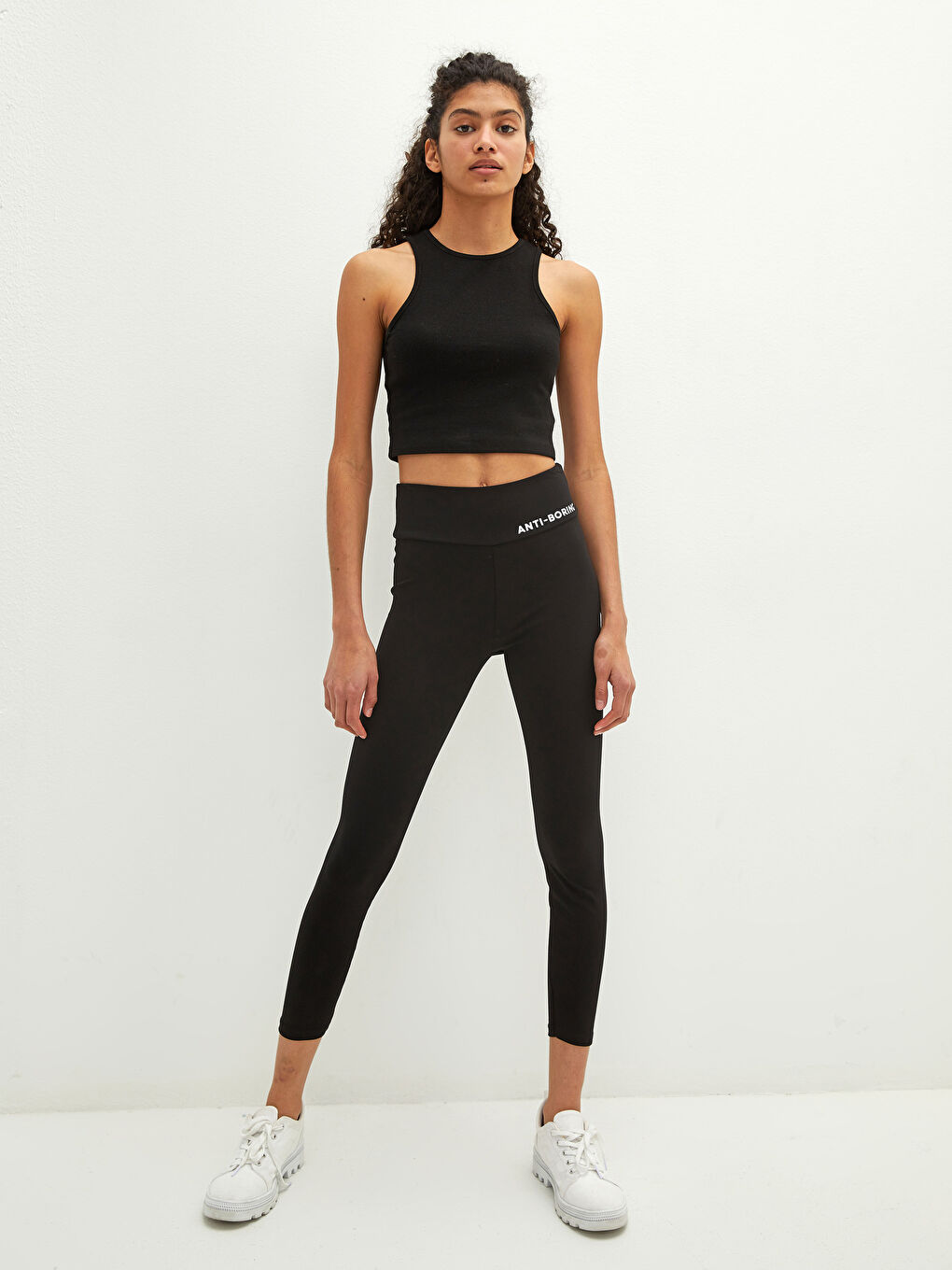 Siyah Beli Lastikli Slogan Baskılı Kadın Tayt-2