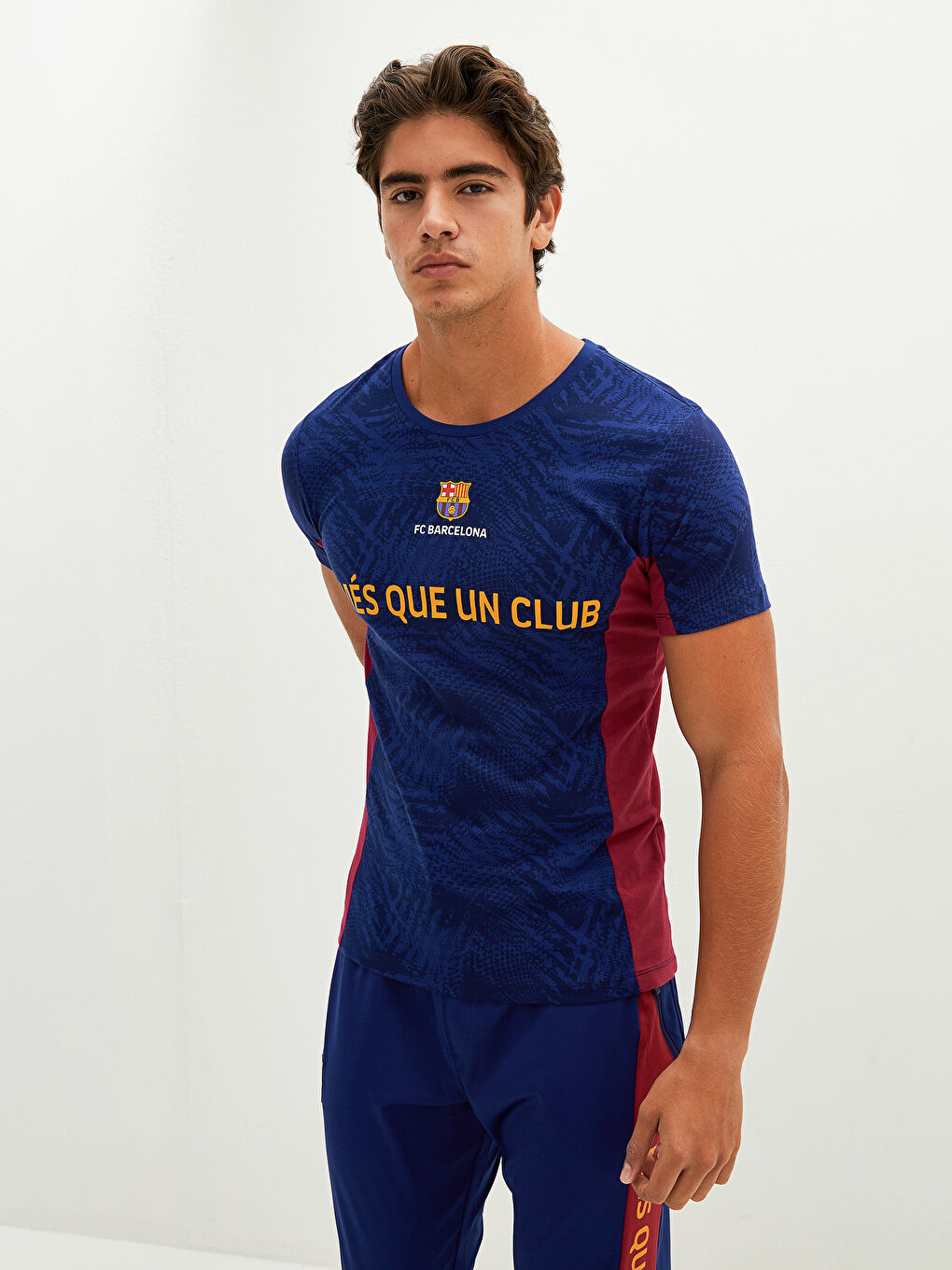 Tricou sport pentru fani Barcelona, guler rotund, mânecă scurtă, imprimat, din bumbac pieptănat, pentru bărbați-1