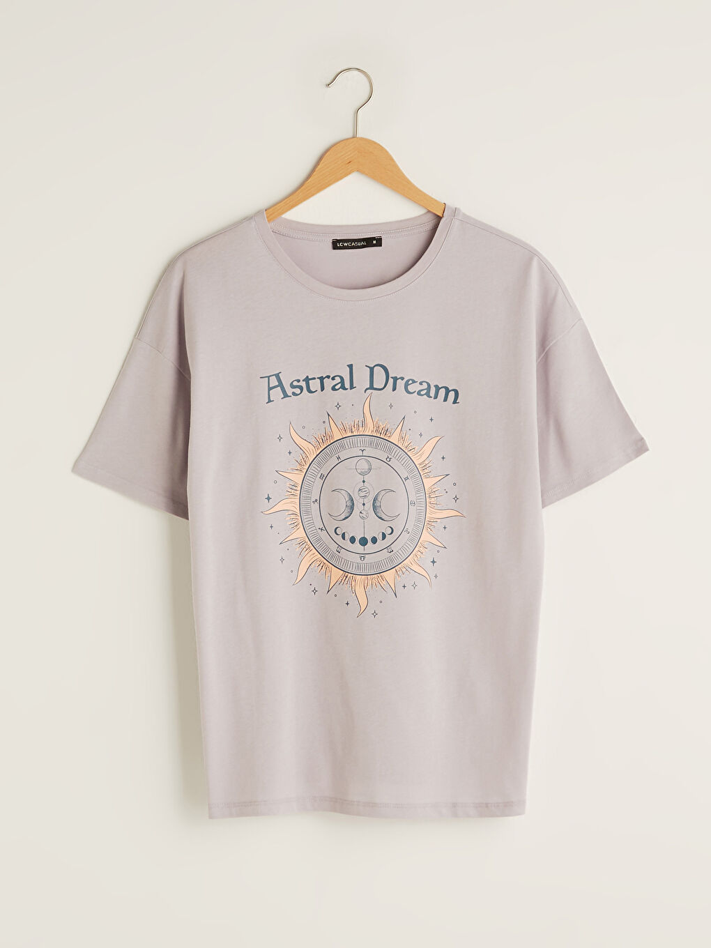 Lila Bisiklet Yaka Baskılı Kısa Kollu Pamuklu Kadın Tişört-5