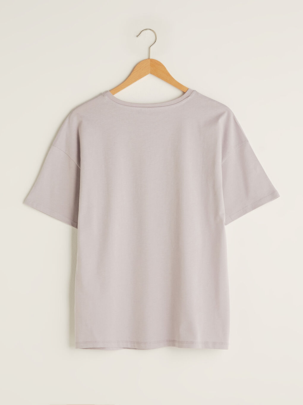 Lila Bisiklet Yaka Baskılı Kısa Kollu Pamuklu Kadın Tişört-6