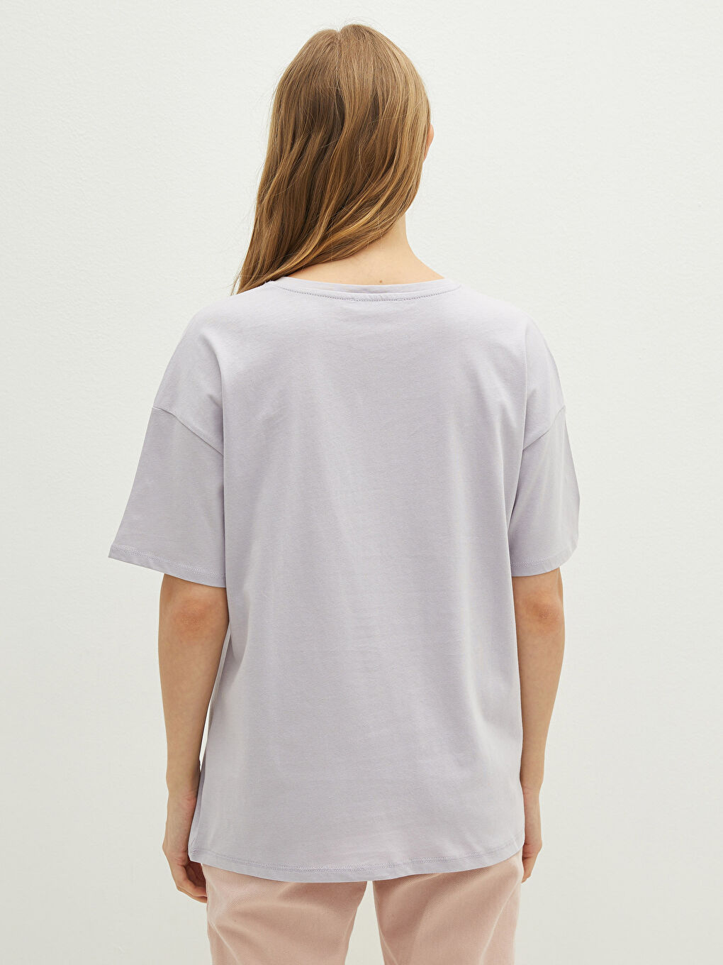 Lila Bisiklet Yaka Baskılı Kısa Kollu Pamuklu Kadın Tişört-3