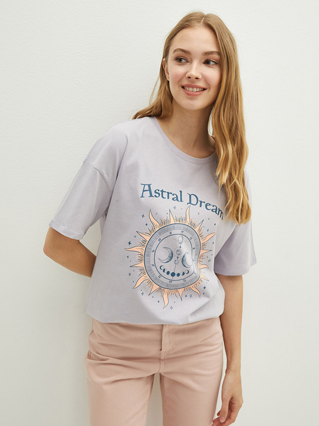 Lila Bisiklet Yaka Baskılı Kısa Kollu Pamuklu Kadın Tişört-4