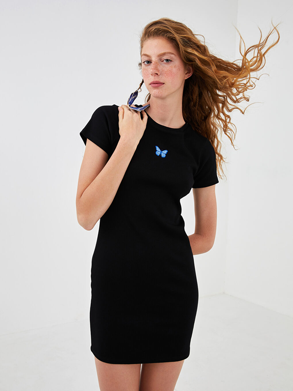 XSIDE Crew Neck Butterfly Embroidery Short Sleeve Camisole Fabric Women Dress -S1I907Z8-CVL