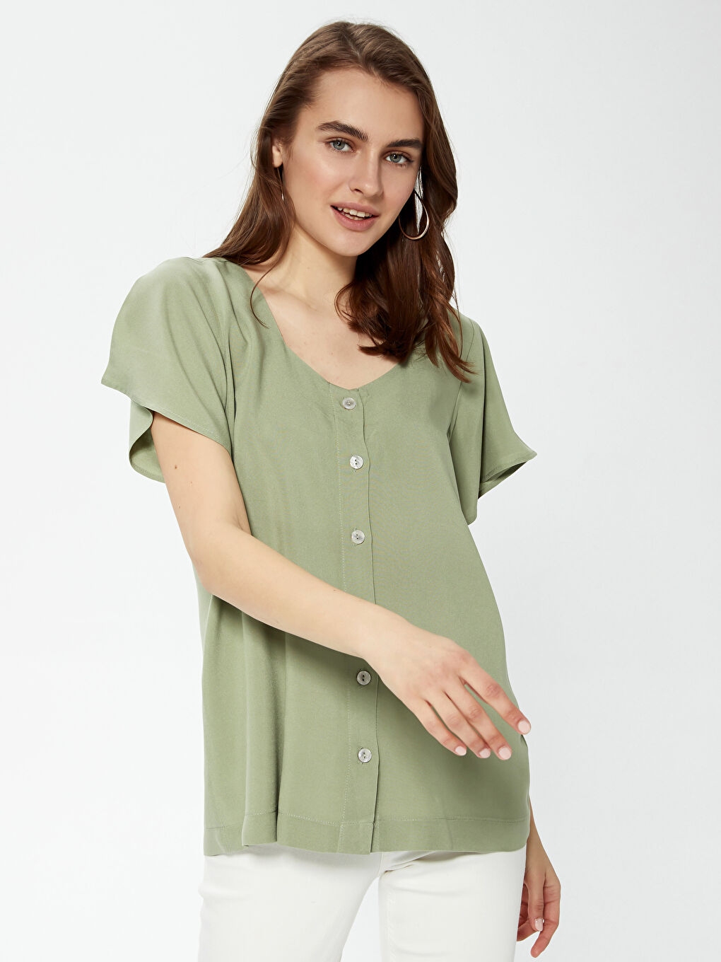 Short Sleeve Viscose Women Shirt With U Neck Button Closure