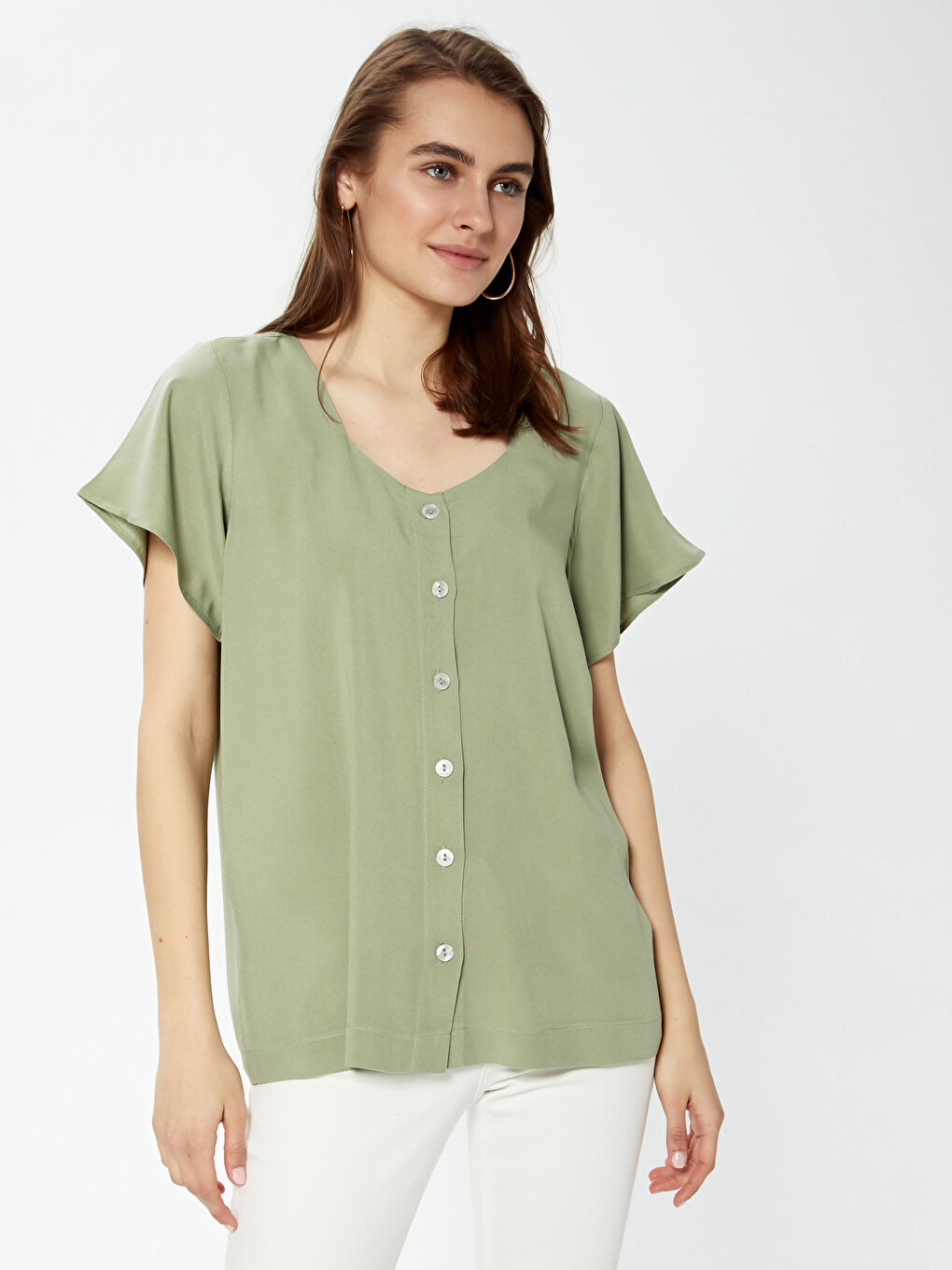 Short Sleeve Viscose Women Shirt With U Neck Button Closure-1