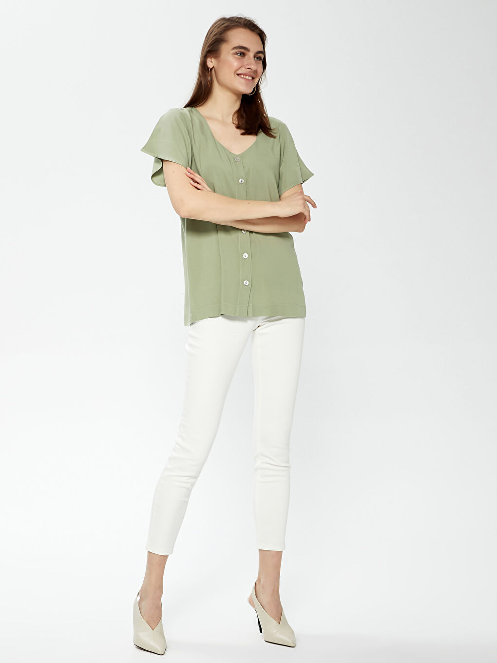 Short Sleeve Viscose Women Shirt With U Neck Button Closure-2