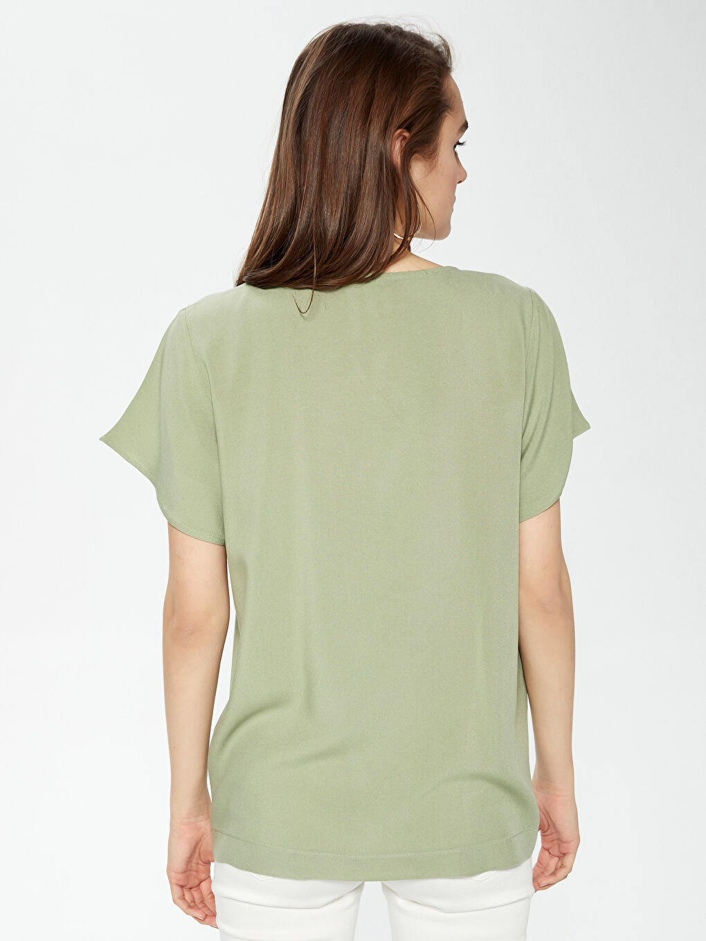 Short Sleeve Viscose Women Shirt With U Neck Button Closure-4