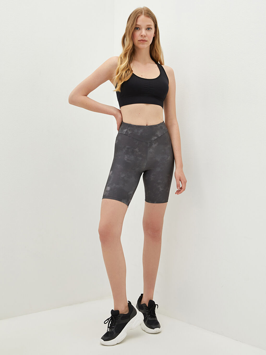 Antrasit Beli Lastikli Desenli Kadın Spor Biker Tayt-1