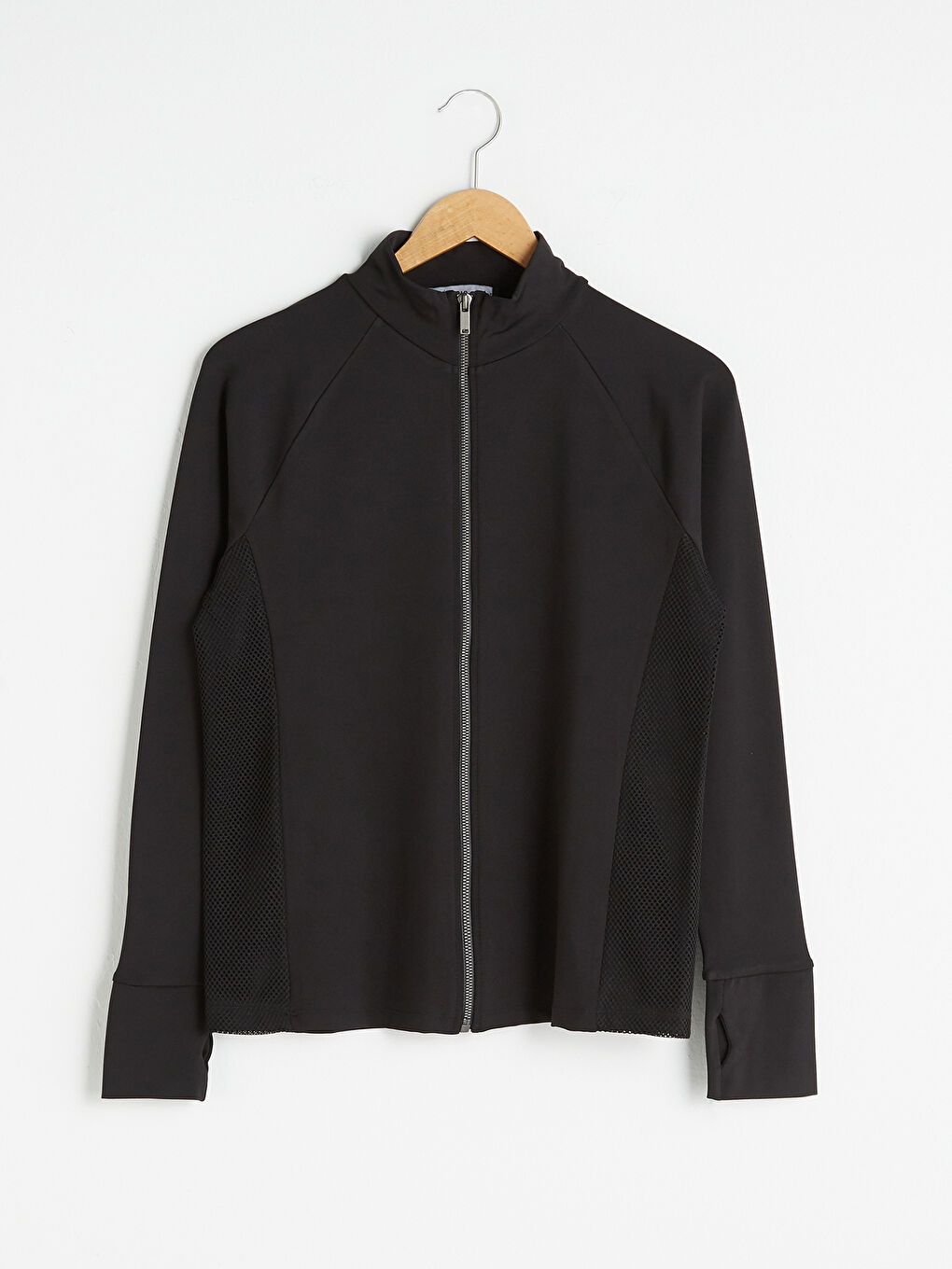 Siyah Dik Yaka File Detaylı Uzun Kollu Kadın Spor Spor Hırka-9