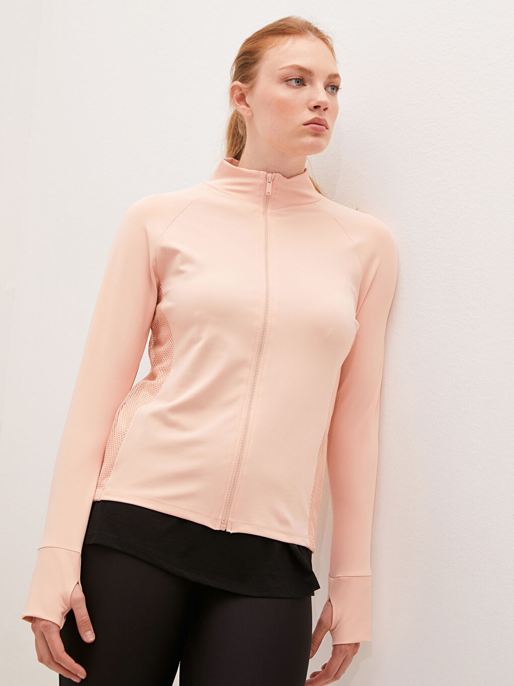 Кардиган для спорту з довгим рукавом, коміром-воронкою та сітчастими деталями для жінок-1