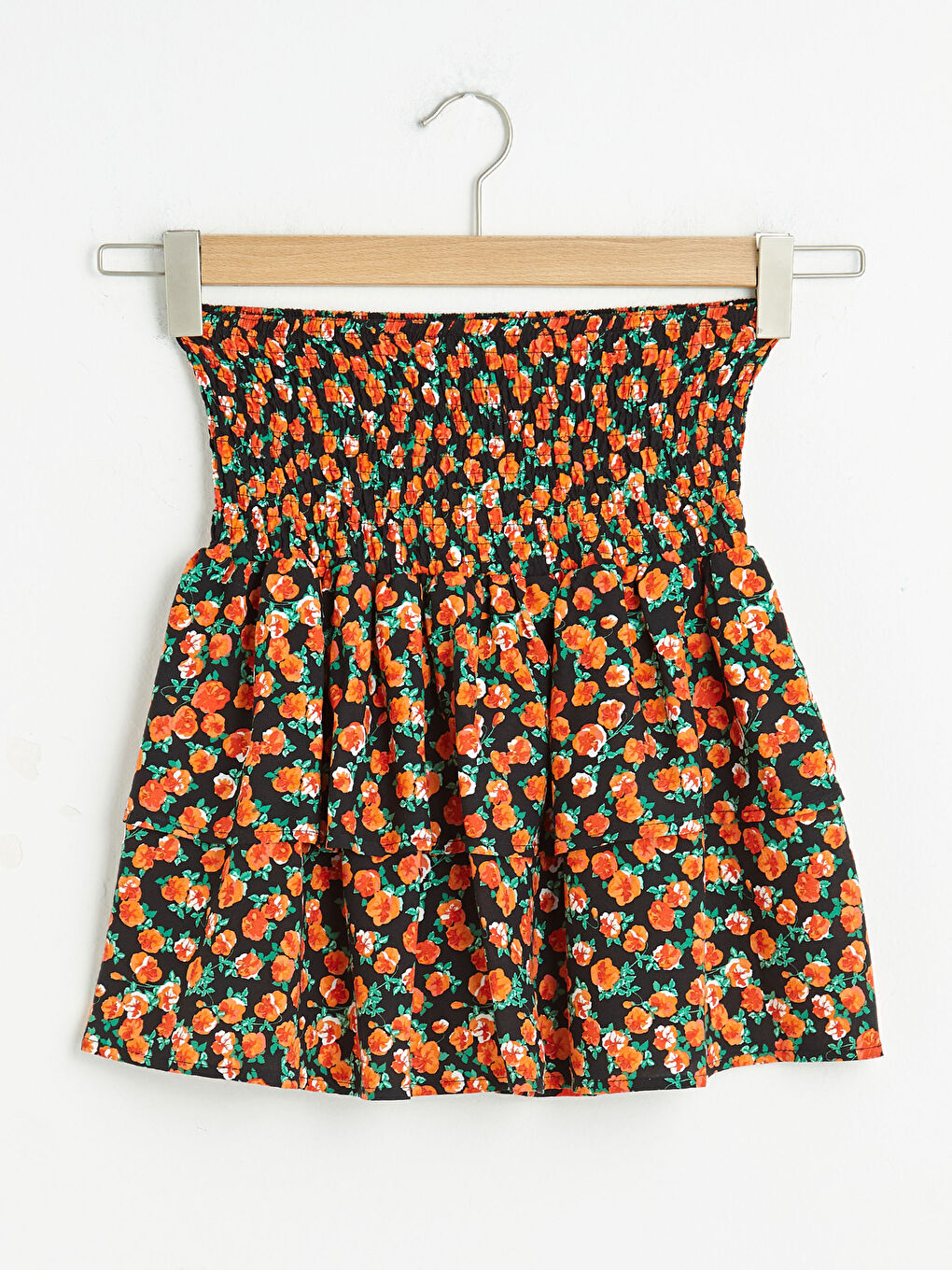 Siyah Beli Lastikli Çiçek Baskılı Viskon Pileli Kadın Etek-5