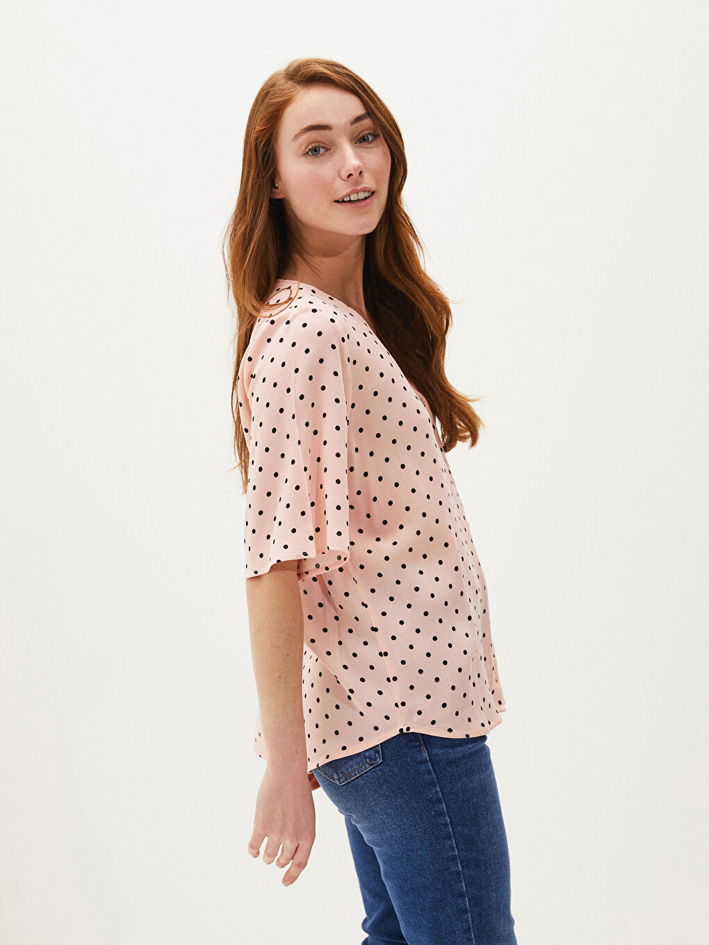 Chemise Femme Encolure en V à Pois Manches Courtes en Viscose-2