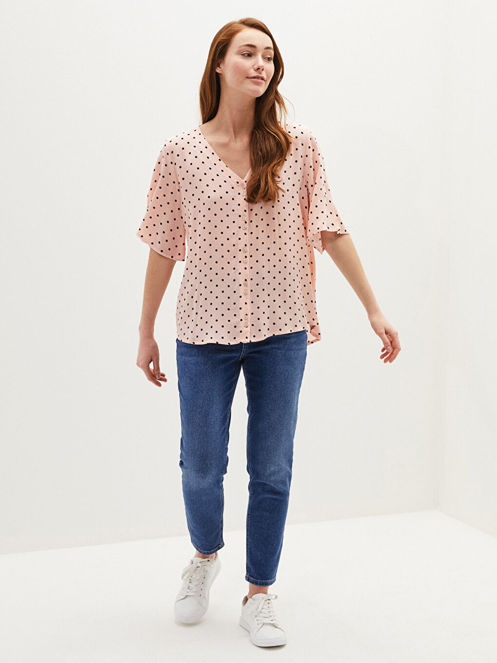 Chemise Femme Encolure en V à Pois Manches Courtes en Viscose-4