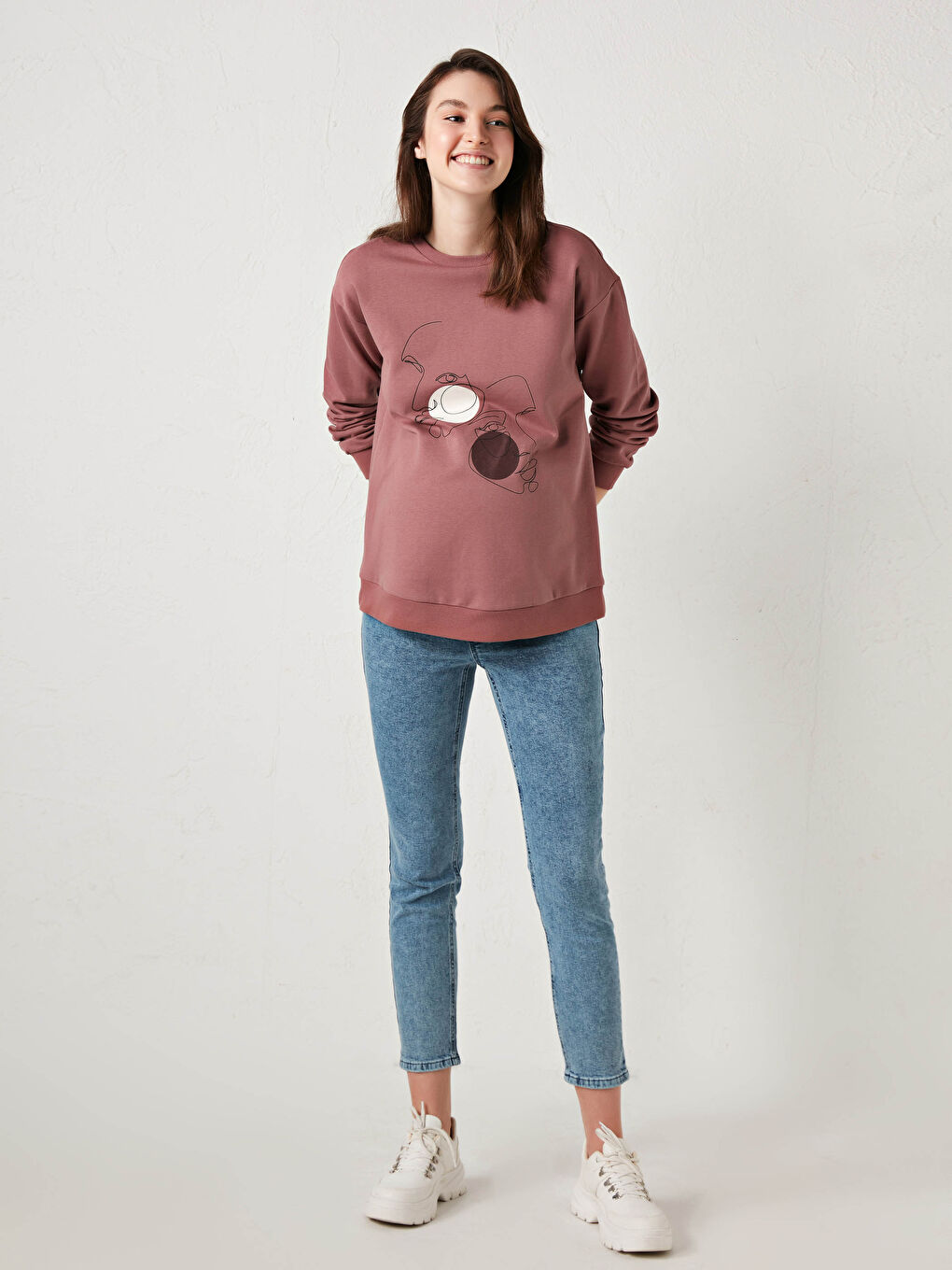 Pembe Bisiklet Yaka Baskılı Uzun Kollu Hamile Sweatshirt-2