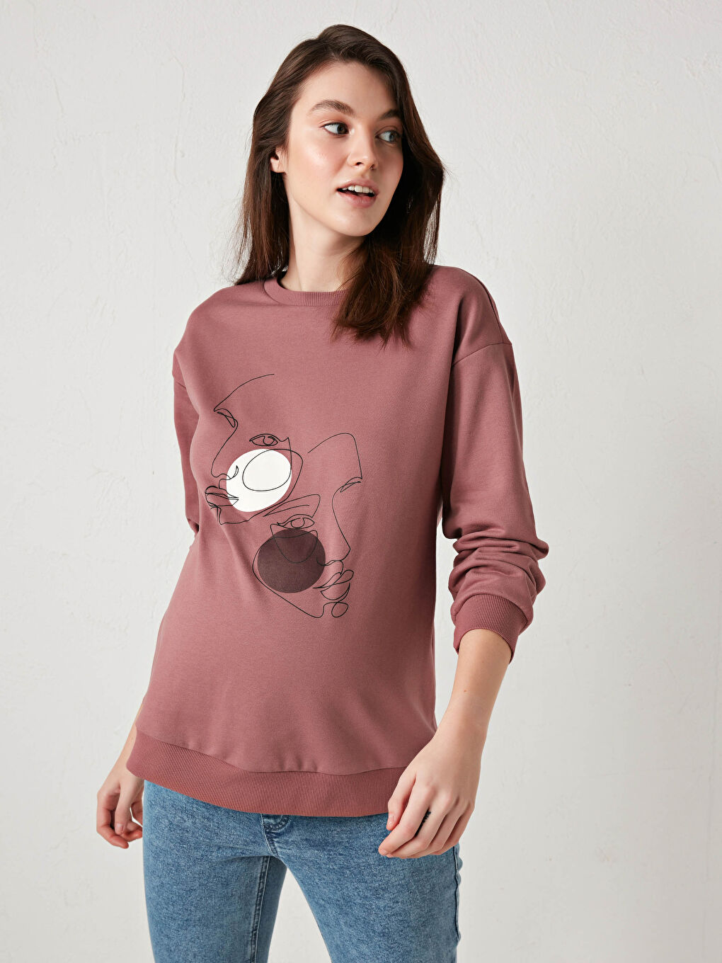 Pembe Bisiklet Yaka Baskılı Uzun Kollu Hamile Sweatshirt