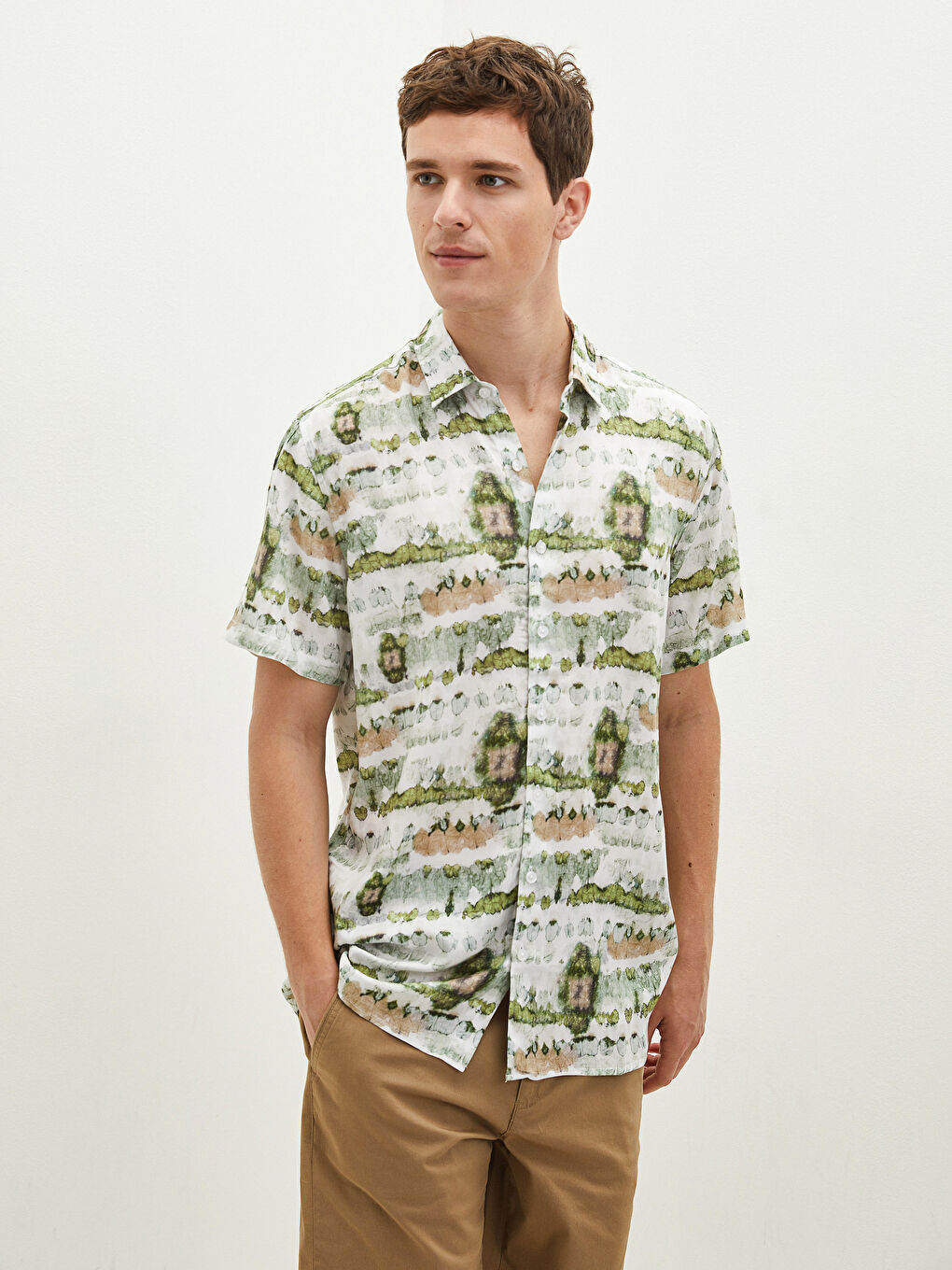 Yeşil Regular Fit Kısa Kollu Desenli Erkek Gömlek-1