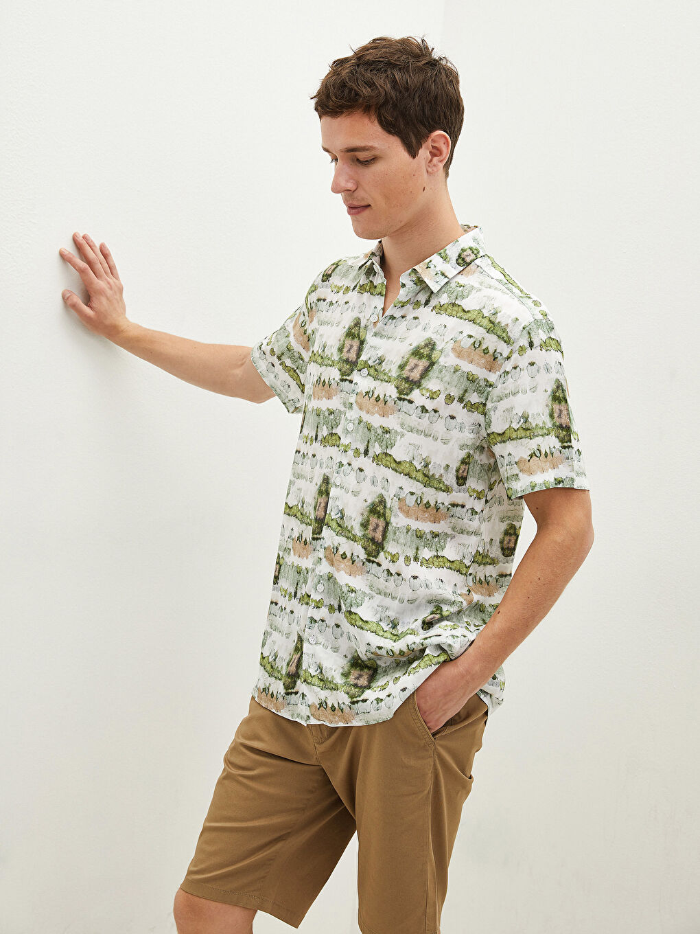 Yeşil Regular Fit Kısa Kollu Desenli Erkek Gömlek-2