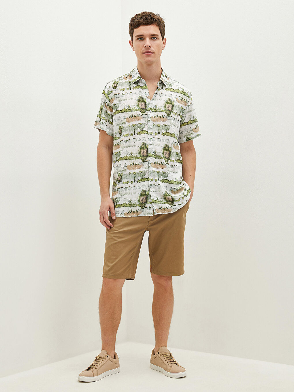 Yeşil Regular Fit Kısa Kollu Desenli Erkek Gömlek-3