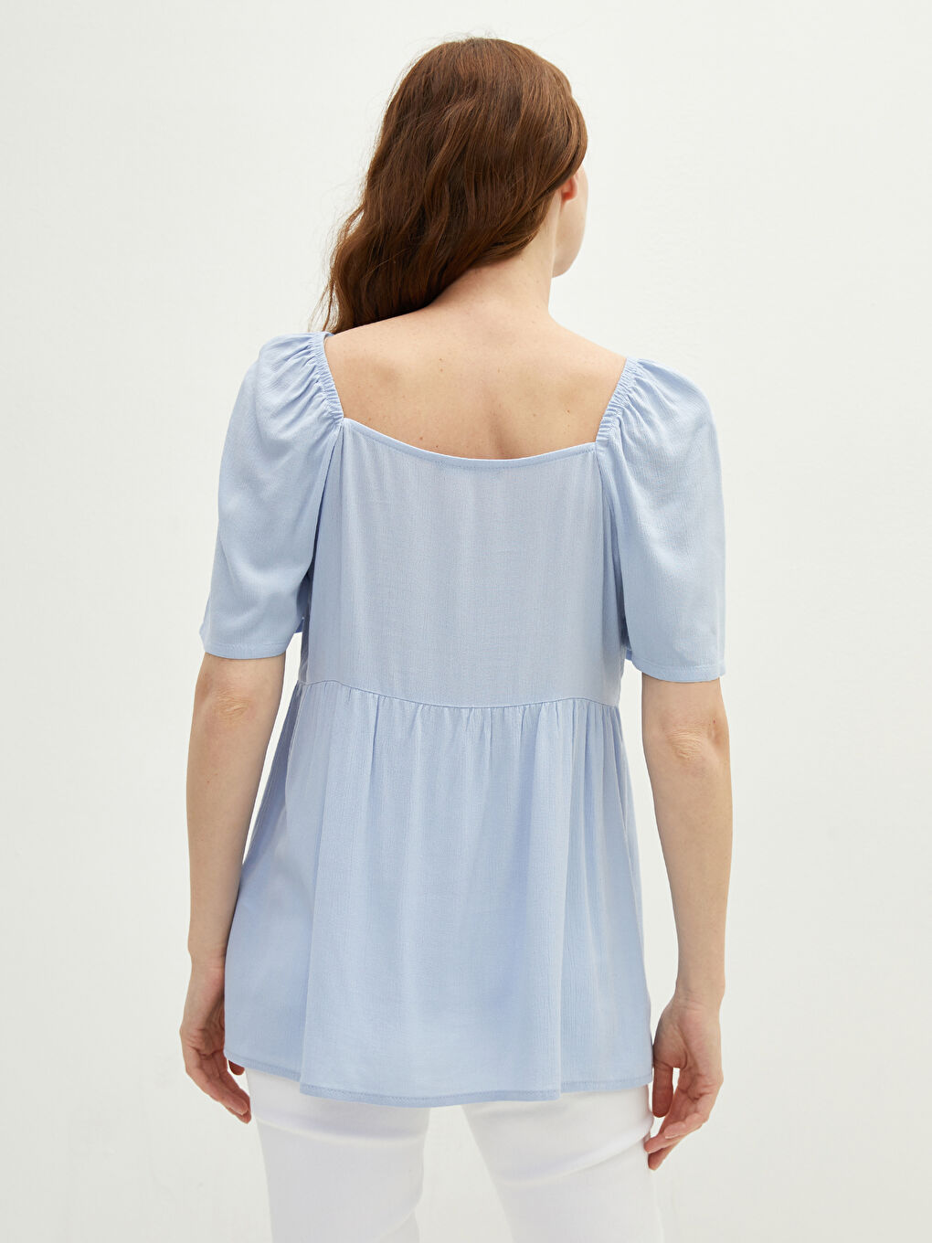 Chemise de maternité à col carré, uni, à boutons sur le devant, manches courtes, en tissu froissé-6