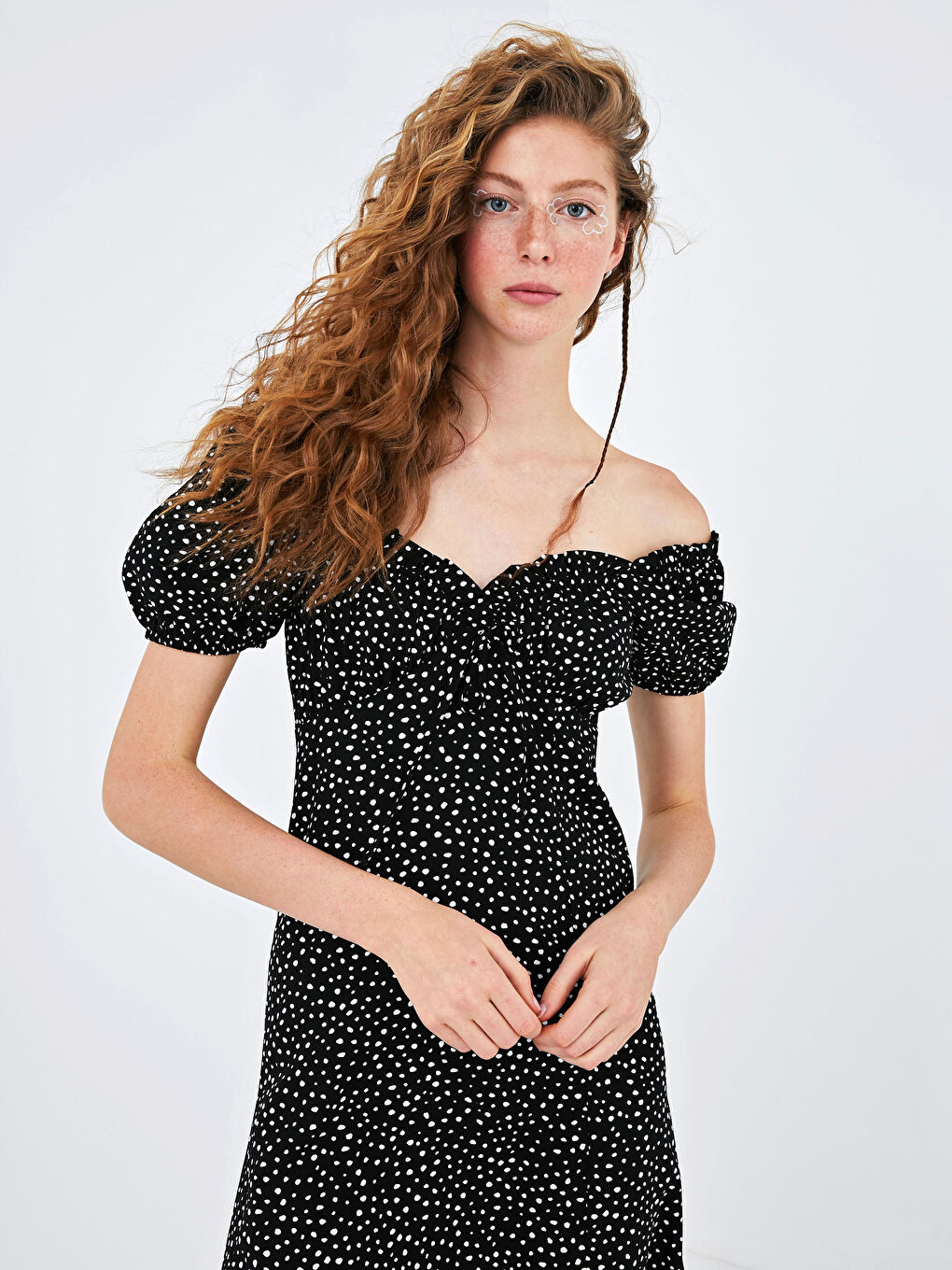 Siyah Kare Yaka Desenli Kısa Kollu Viskon Kadın Elbise-1