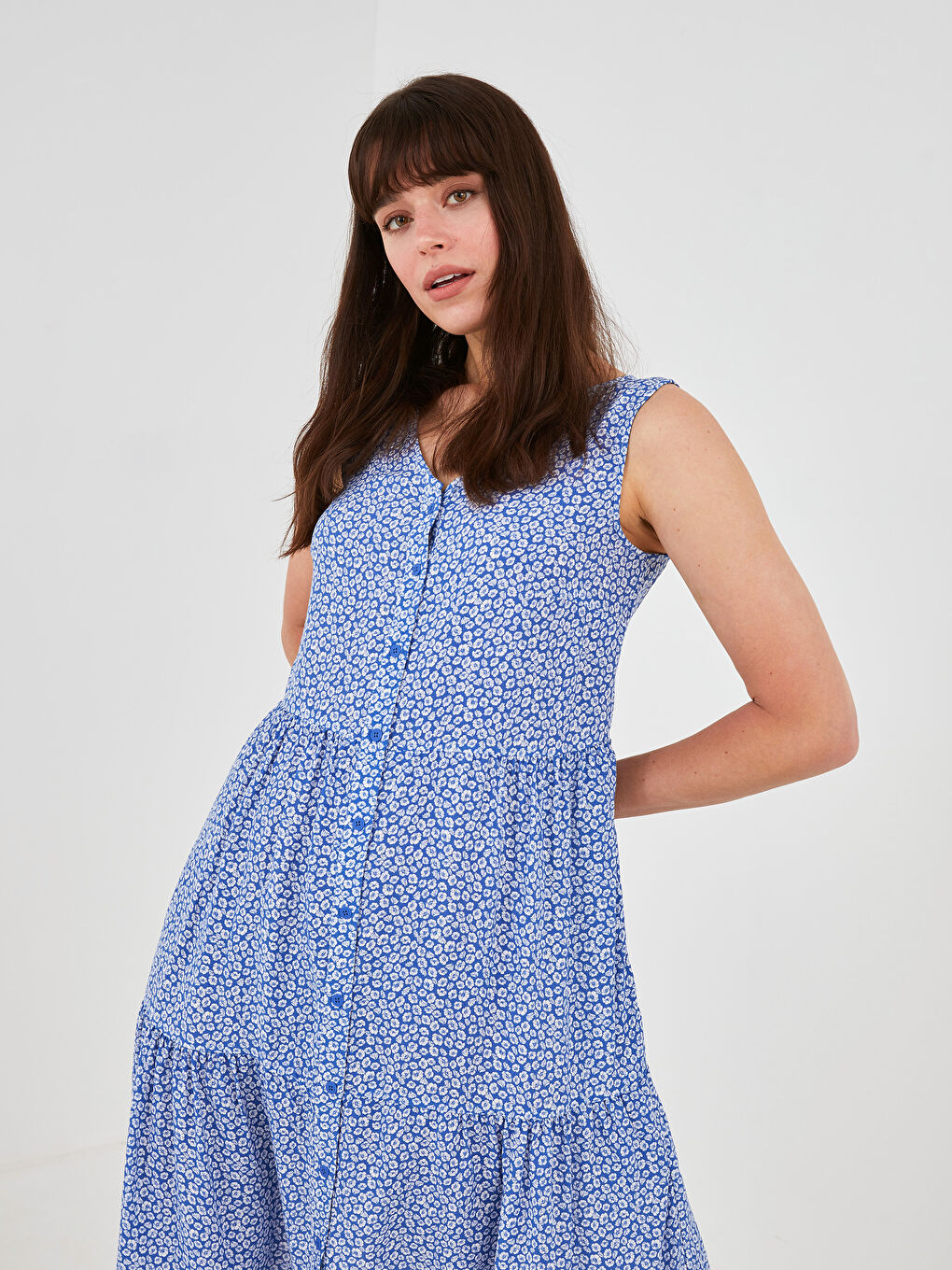 Robe Femme Sans Manches à Motifs en Viscose avec Encolure en V-1
