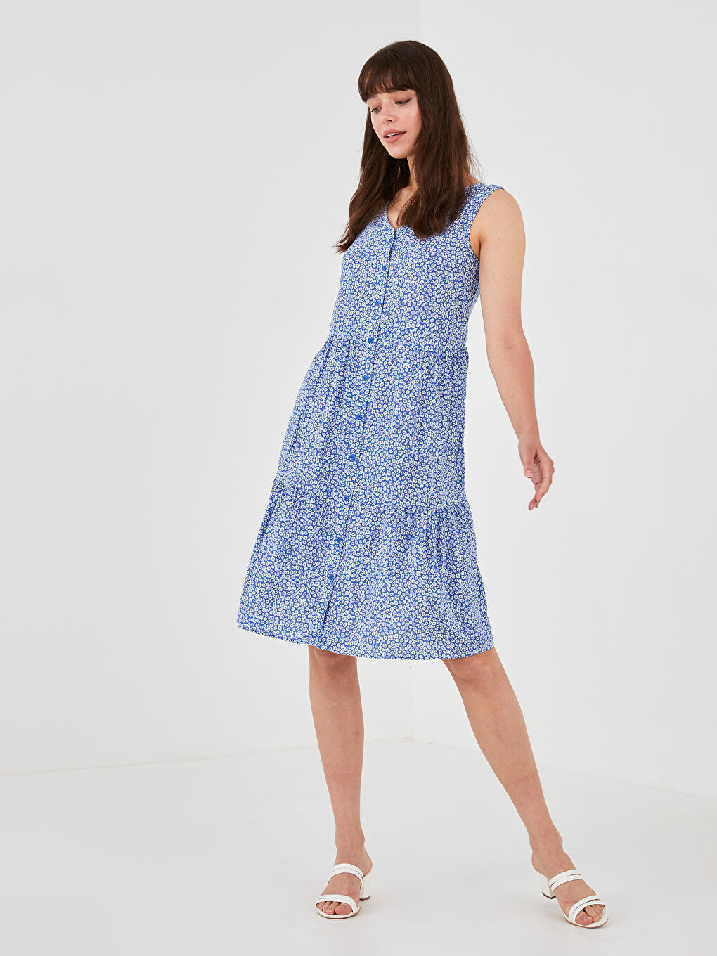 Robe Femme Sans Manches à Motifs en Viscose avec Encolure en V-2