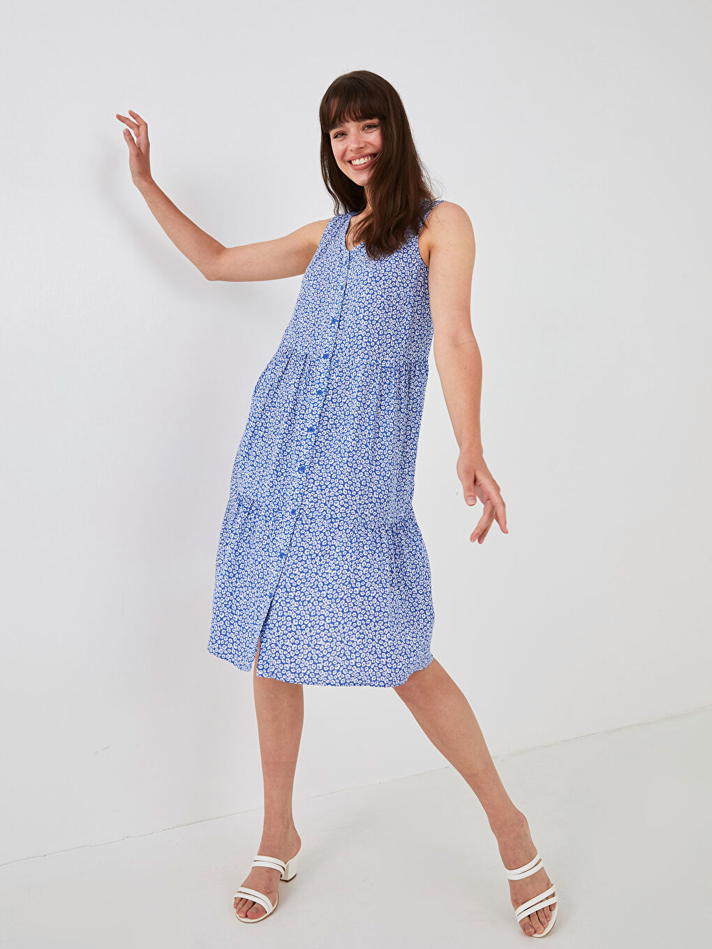 Robe Femme Sans Manches à Motifs en Viscose avec Encolure en V-4