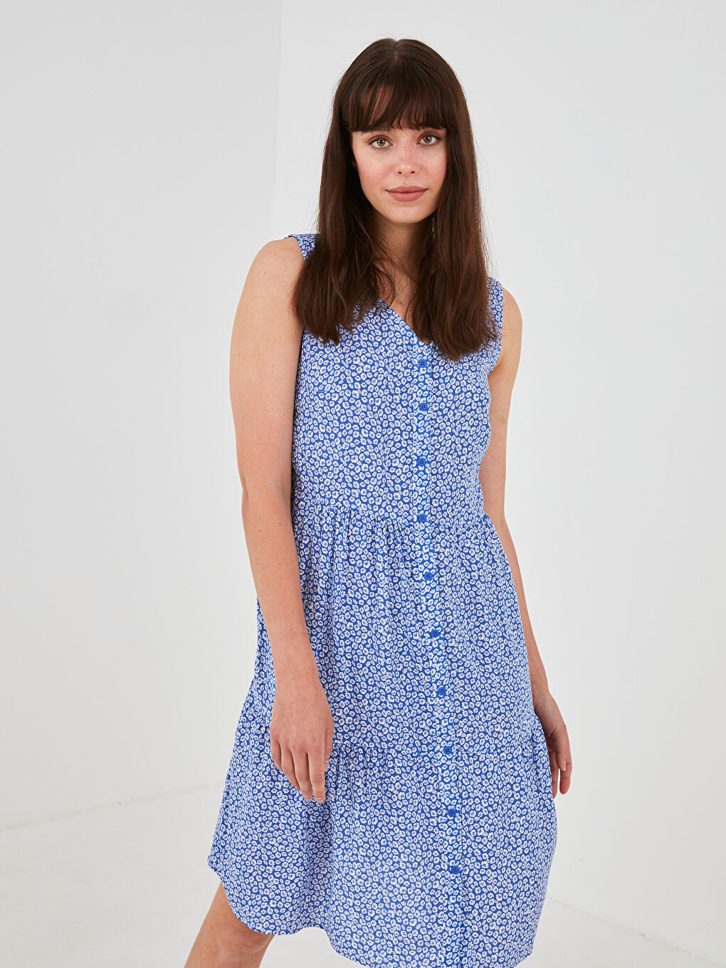 Robe Femme Sans Manches à Motifs en Viscose avec Encolure en V