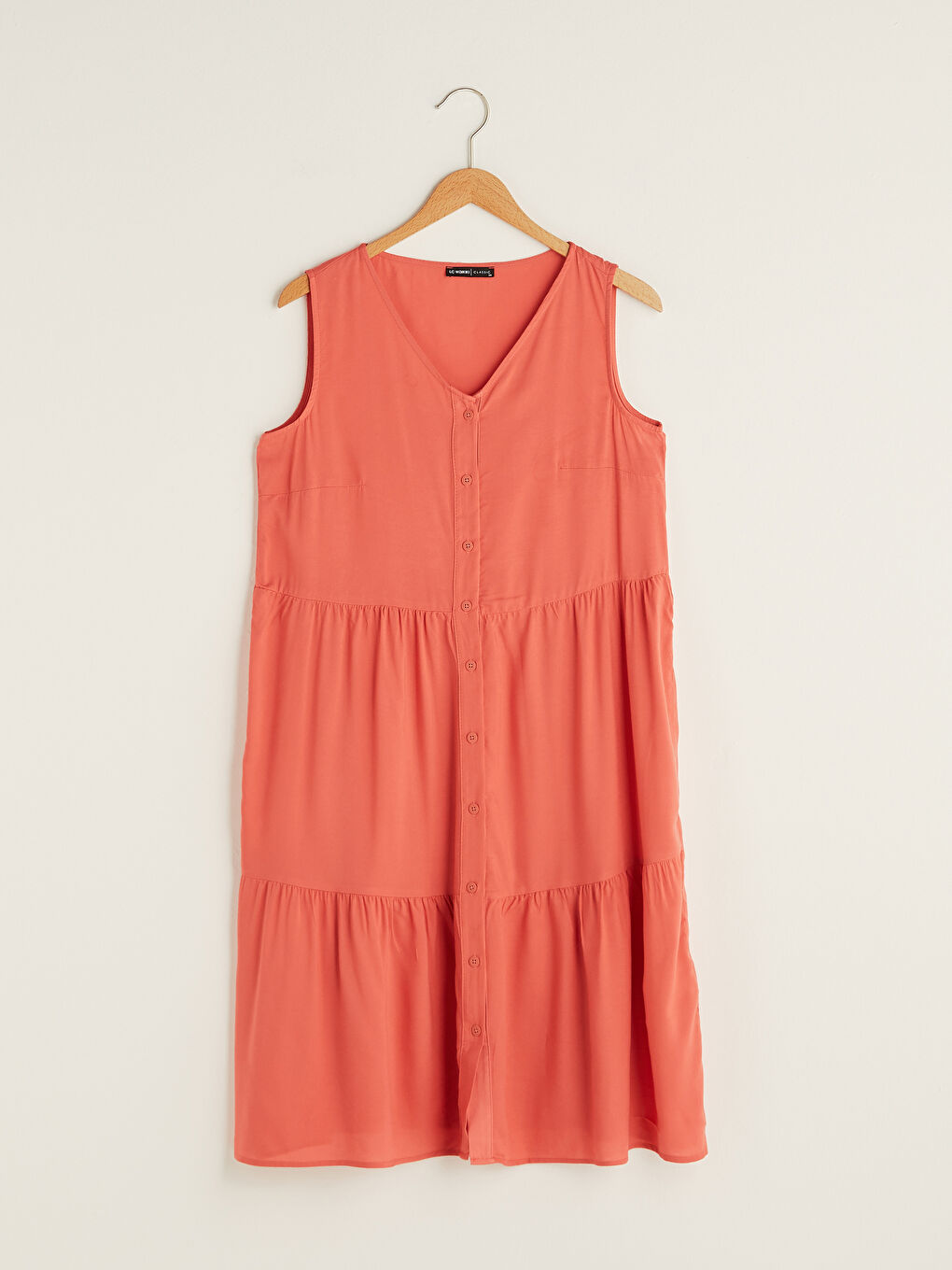 Kırmızı V Yaka Düğme Kapamalı Kolsuz Viskon Kadın Elbise-7