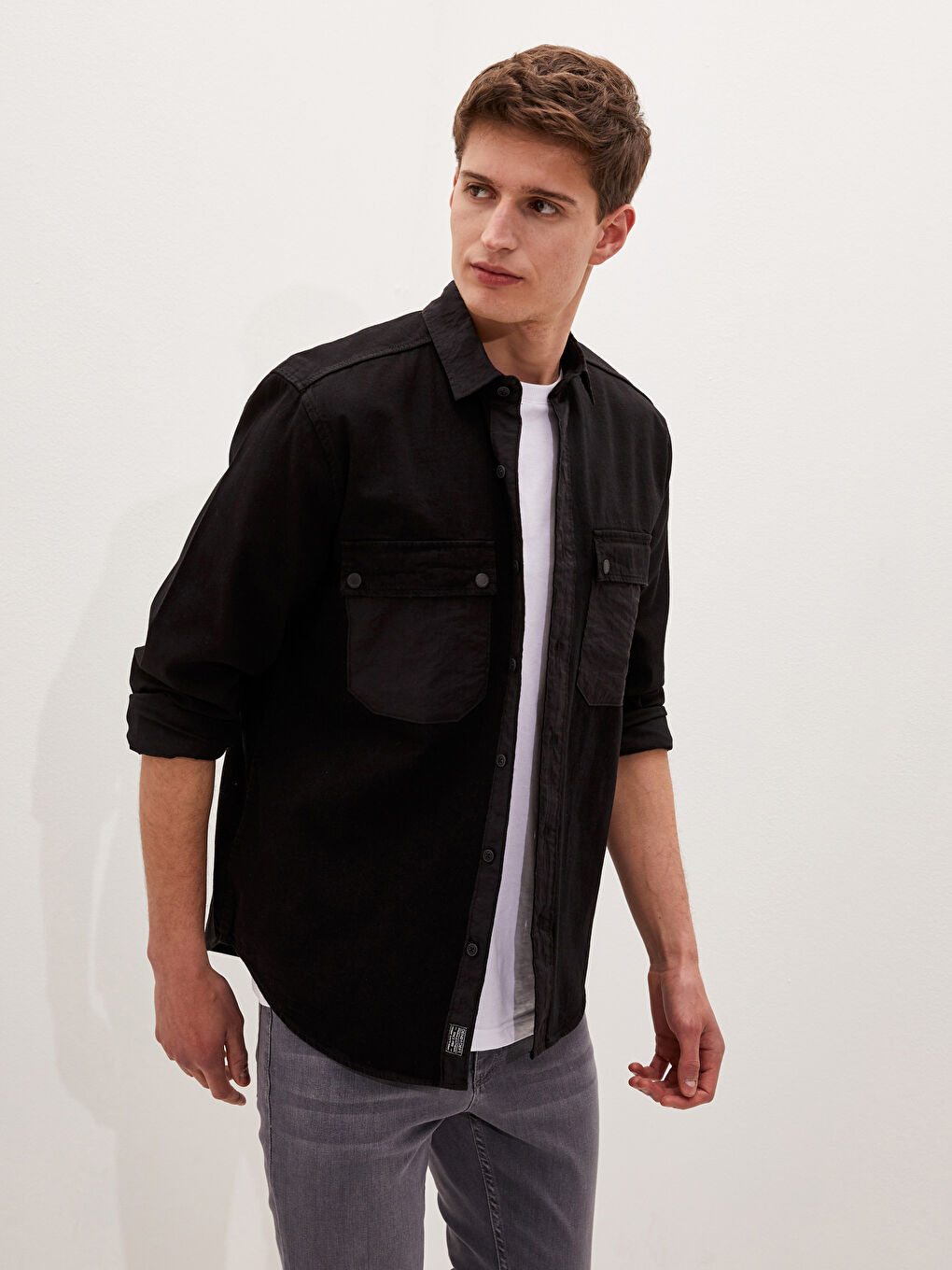 Siyah Rahat Kalıp Uzun Kollu Erkek Jean Gömlek-3