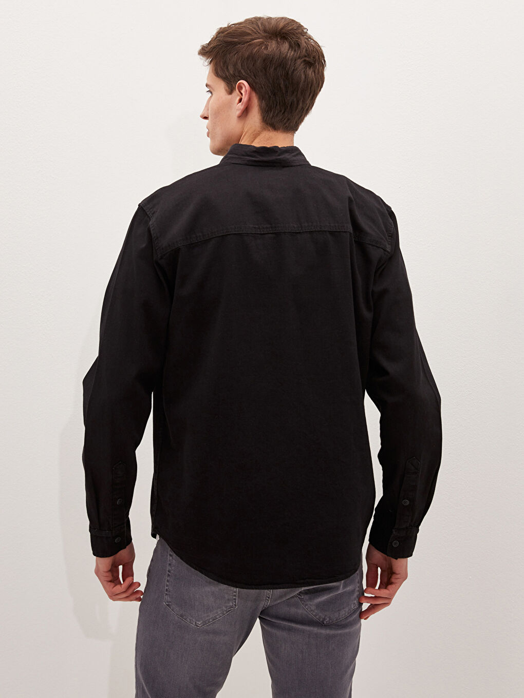 Siyah Rahat Kalıp Uzun Kollu Erkek Jean Gömlek-4