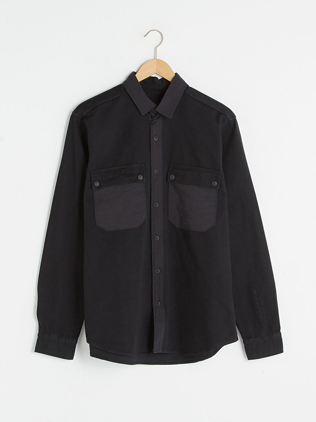 Siyah Rahat Kalıp Uzun Kollu Erkek Jean Gömlek-5