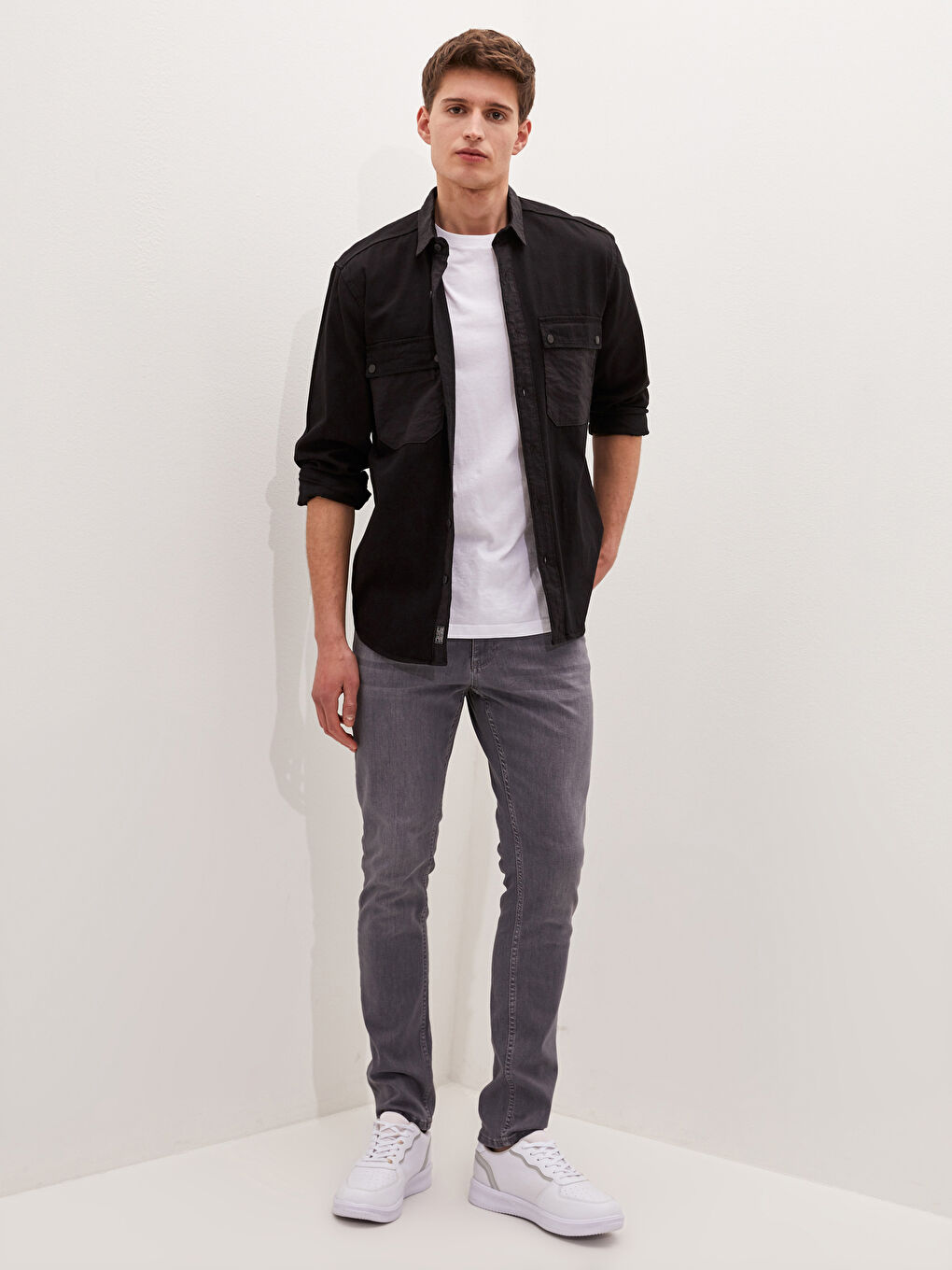 Siyah Rahat Kalıp Uzun Kollu Erkek Jean Gömlek-2