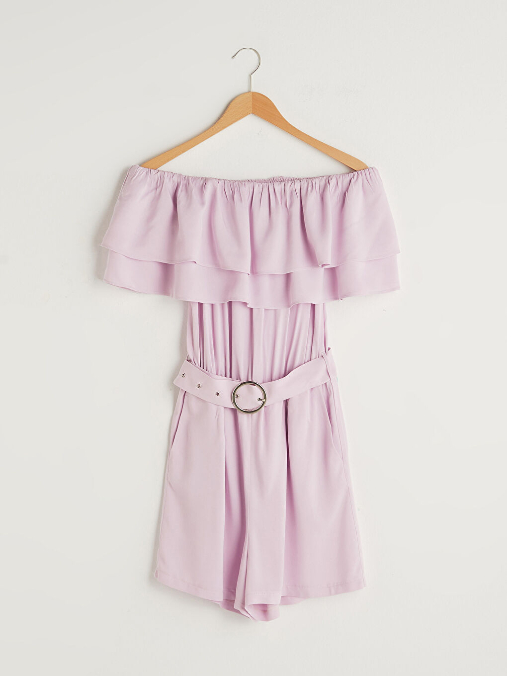 Ολόσωμη Φόρμα Γυναικεία Βισκόζη με Λαιμόκοψη Slash, Ζώνη Μέσης και Λεπτομέρειες Βολάν-4