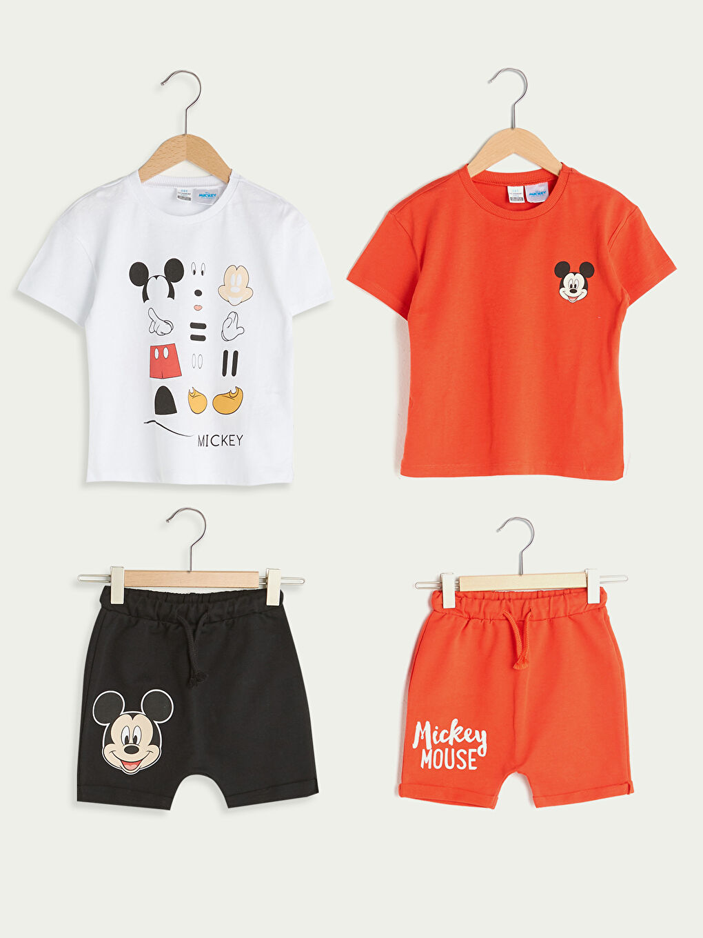 Crew Neck Short Sleeve Mickey Mouse Printed Cotton Baby Boy T-Shirt and Shorts 4-Piece Set