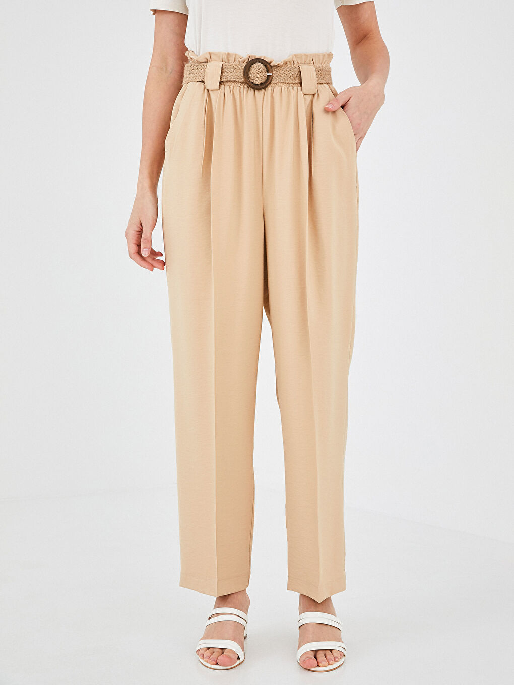 Әйелдерге арналған жоғары бел тар пішім қалтасы бар шалбар-2