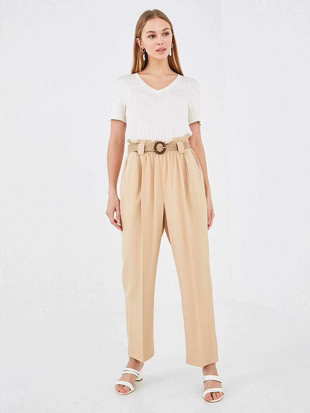 Әйелдерге арналған жоғары бел тар пішім қалтасы бар шалбар-4