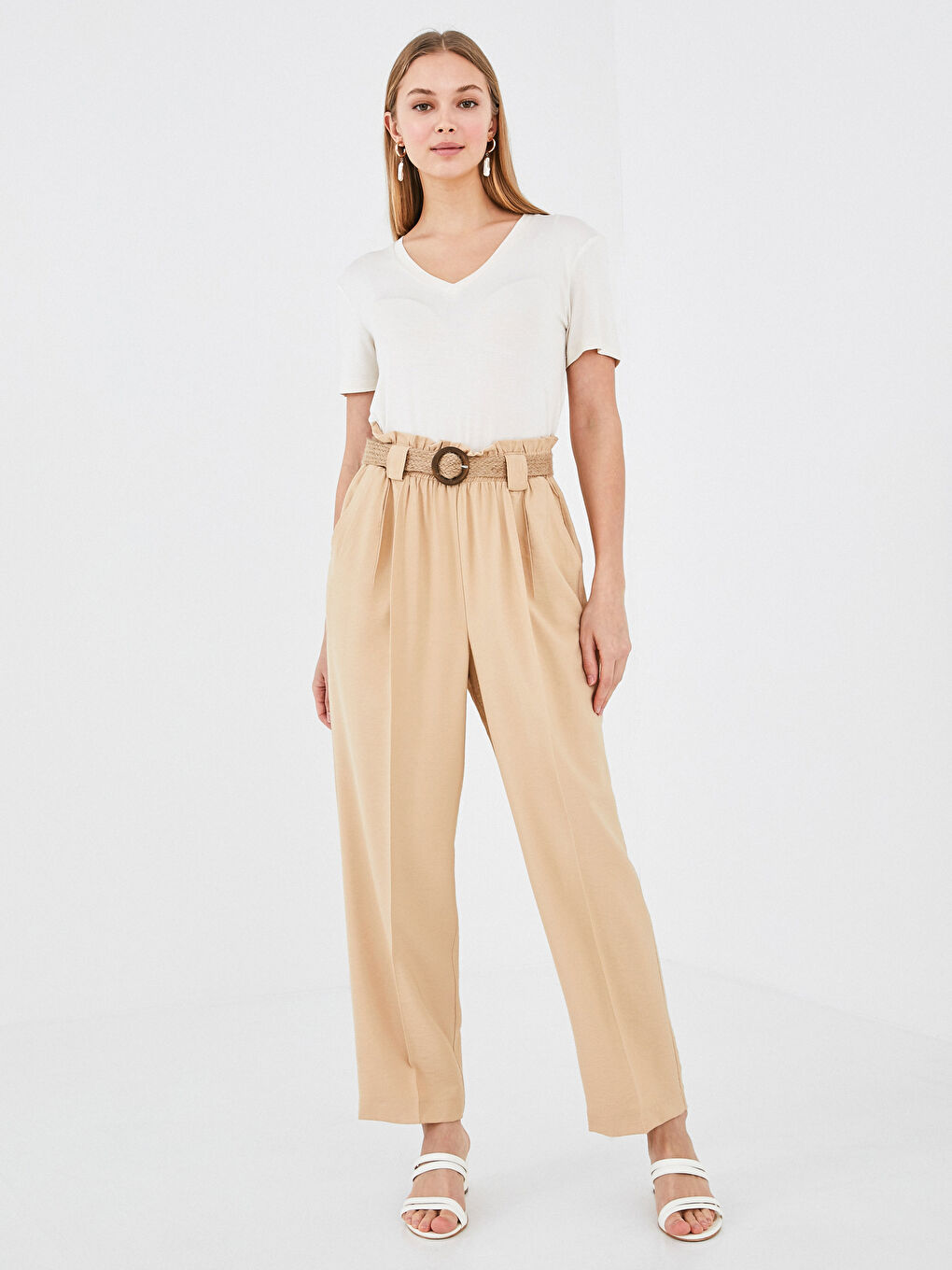 Әйелдерге арналған жоғары бел тар пішім қалтасы бар шалбар-1