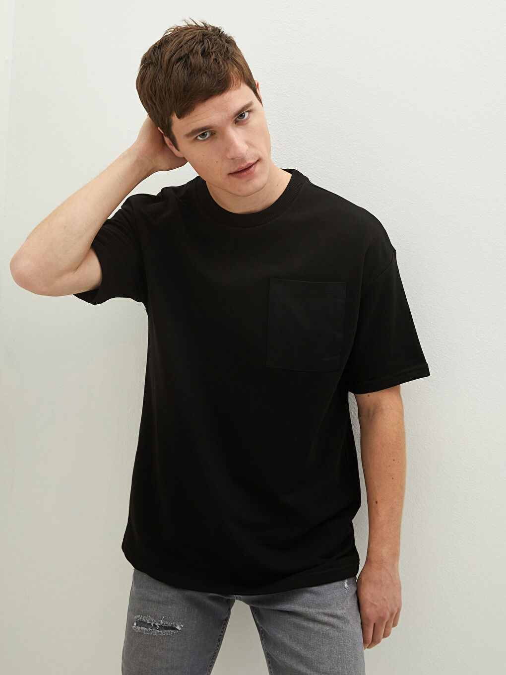 Siyah Bisiklet Yaka Kısa Kollu Basic Erkek Sweatshirt