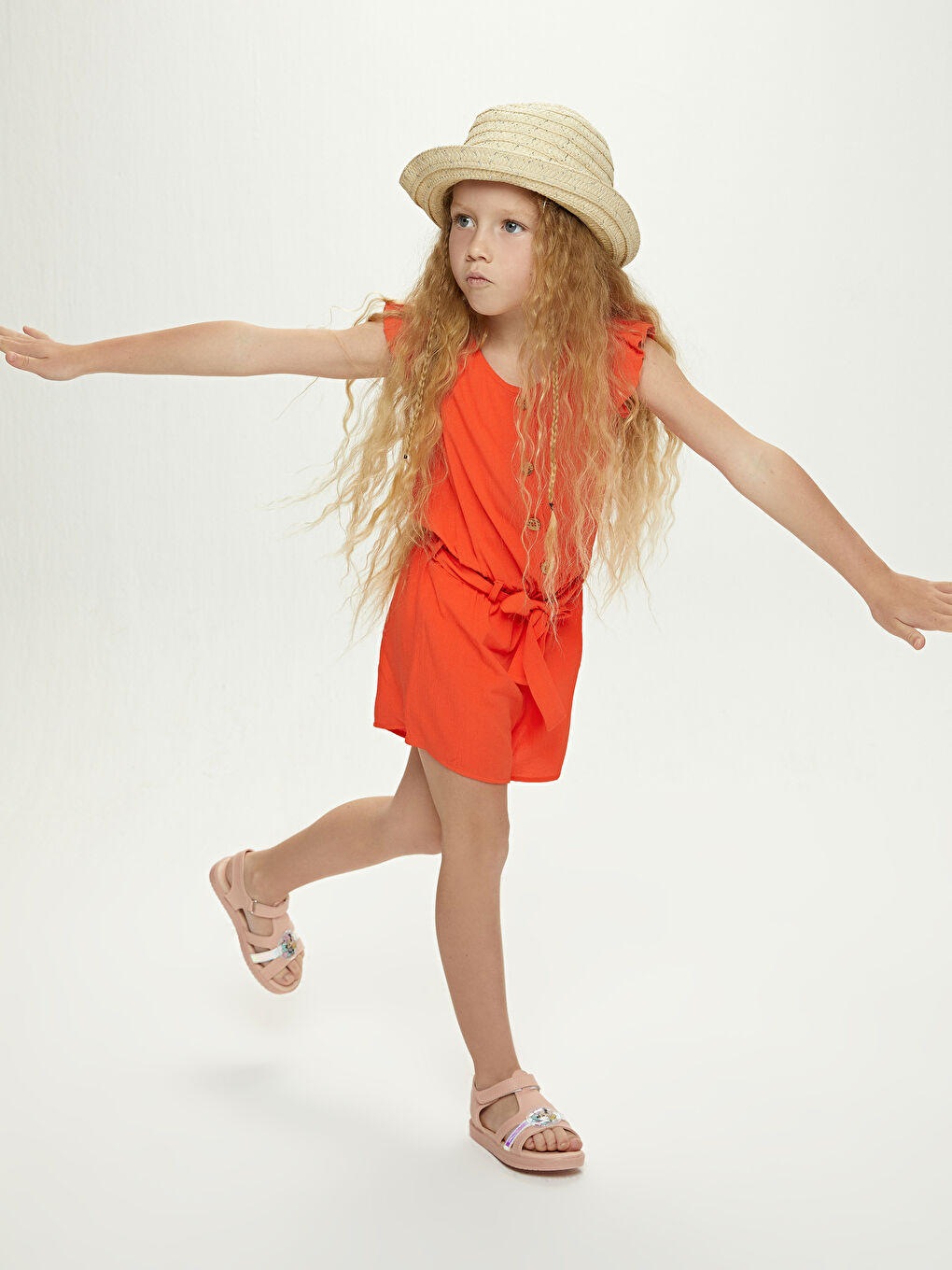 Turuncu Bisiklet Yaka Basic Kısa Kollu Viskon Kız Çocuk Tulum-1