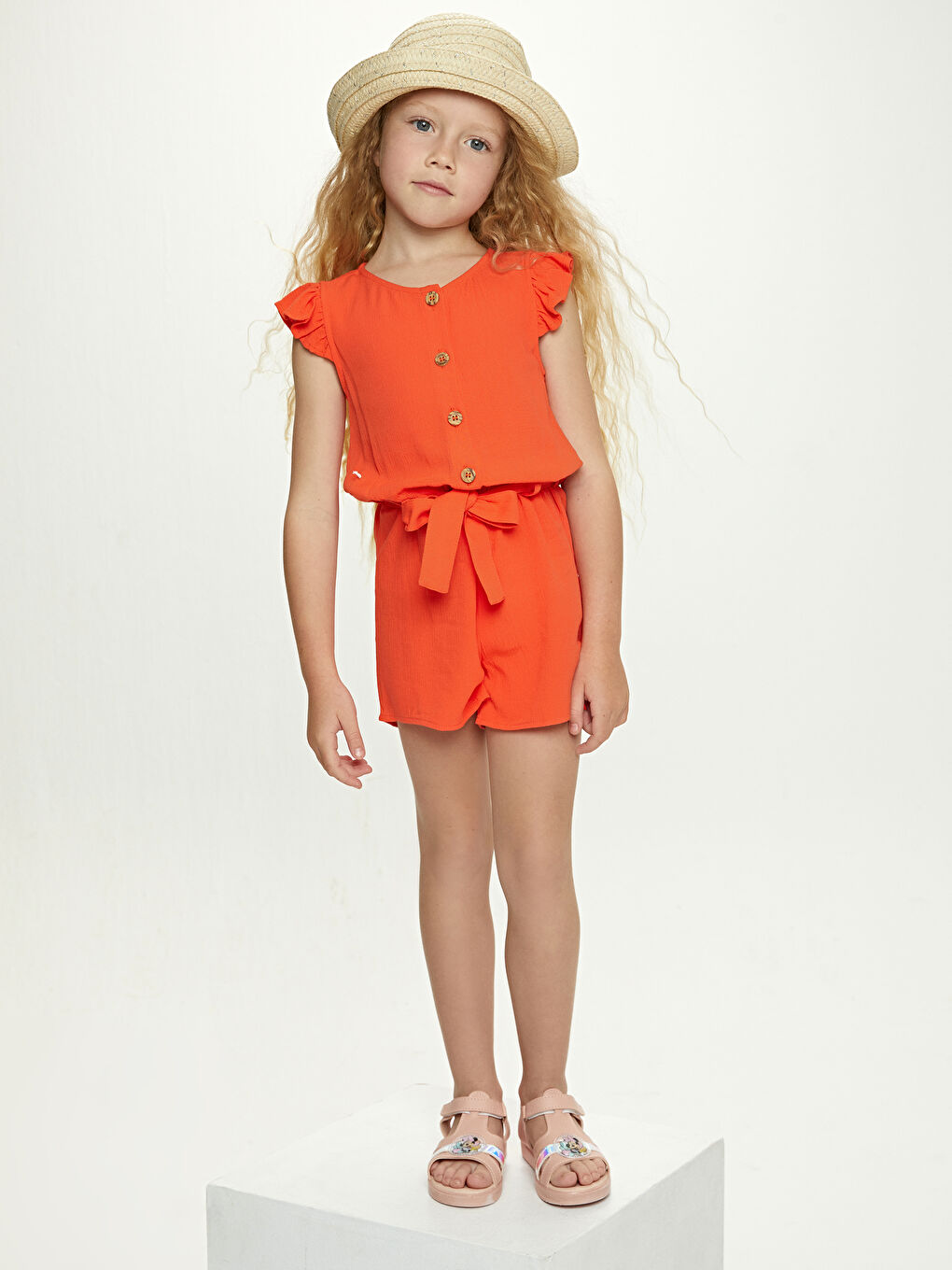 Turuncu Bisiklet Yaka Basic Kısa Kollu Viskon Kız Çocuk Tulum-3