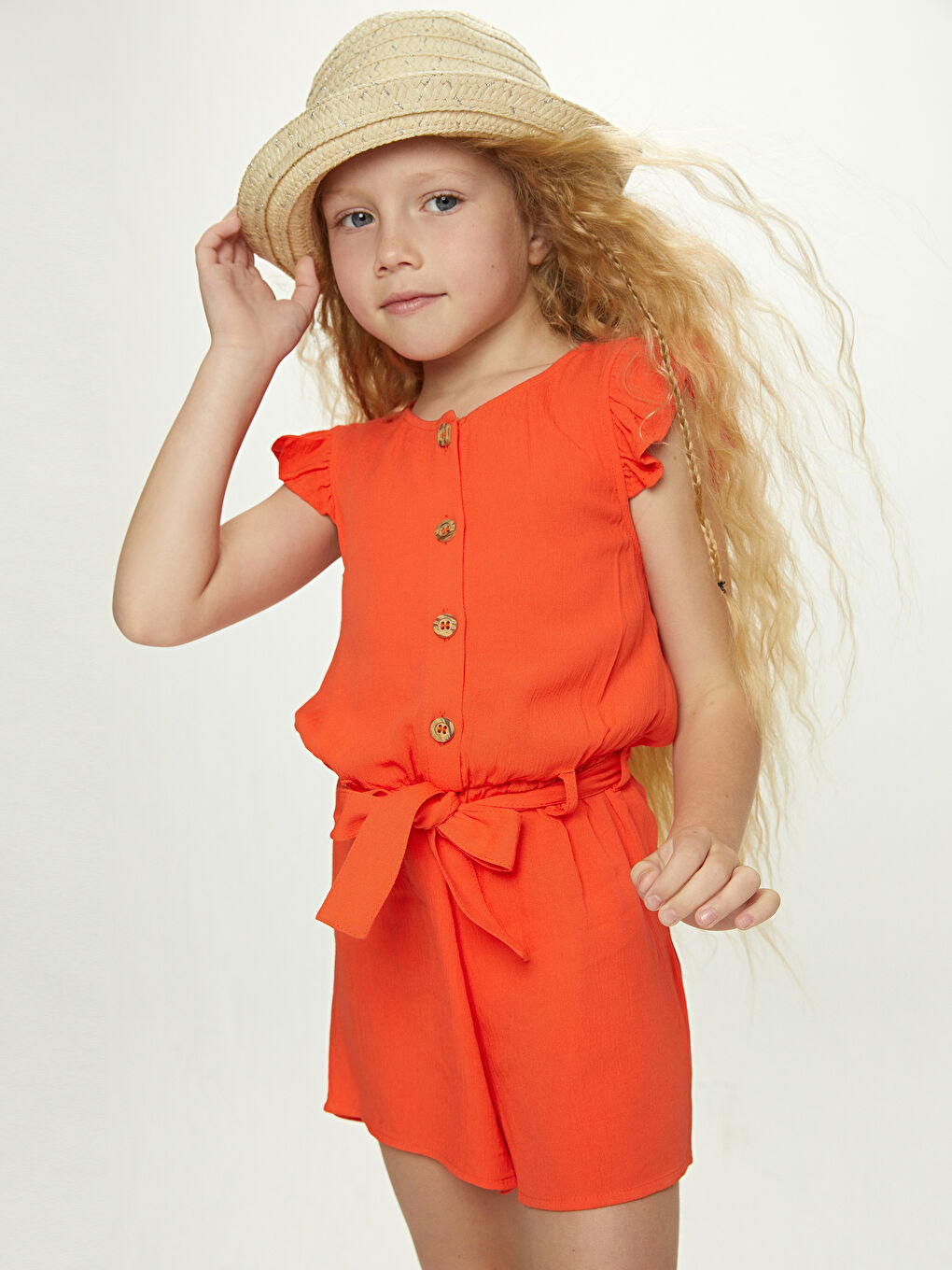 Turuncu Bisiklet Yaka Basic Kısa Kollu Viskon Kız Çocuk Tulum-4